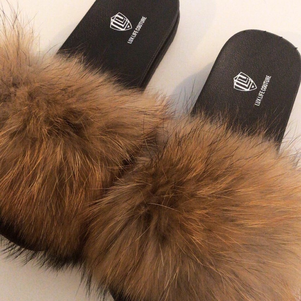 Natural Brown Raccoon Fur Slides
